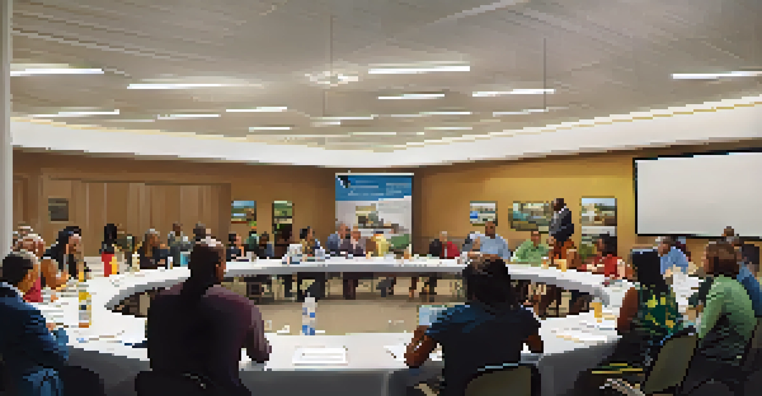 A community partnership event in a conference room with university representatives and local business owners networking at a round table, with banners and a projector in the background.