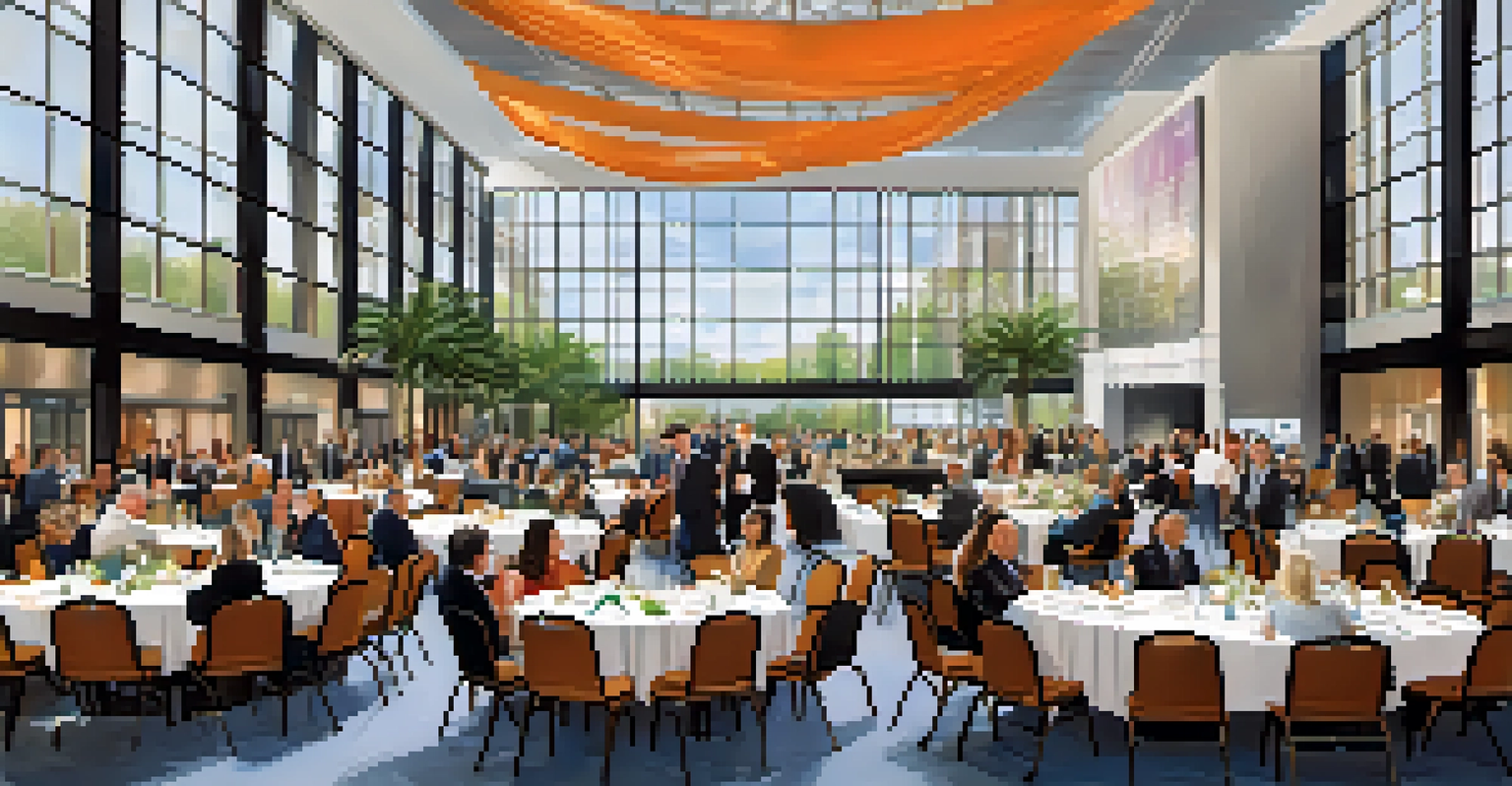 An elegant conference setting in the Orange County Convention Center in Orlando, with attendees networking and discussions.