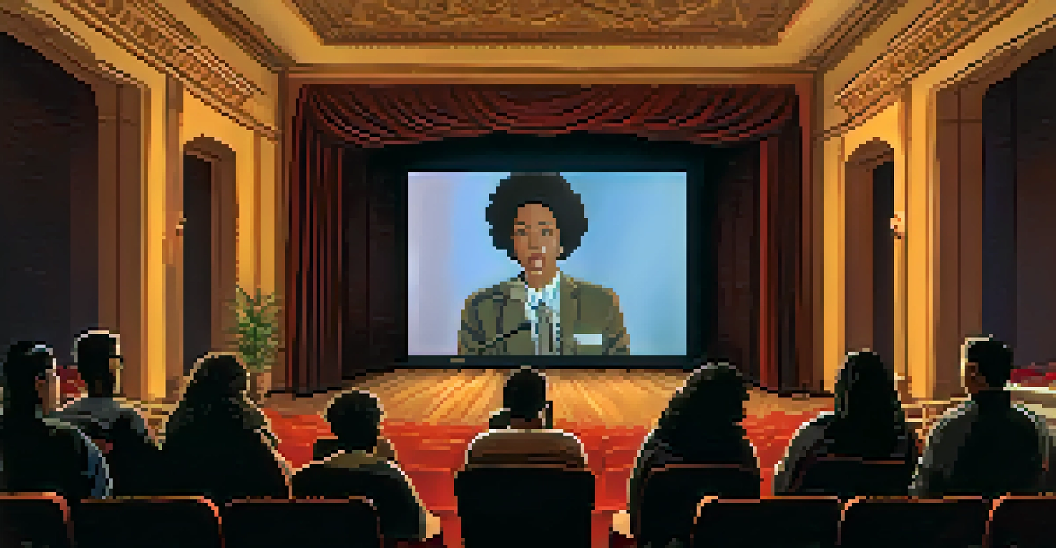 An audience in a dimly lit theater watching a film during the Global Peace Film Festival.