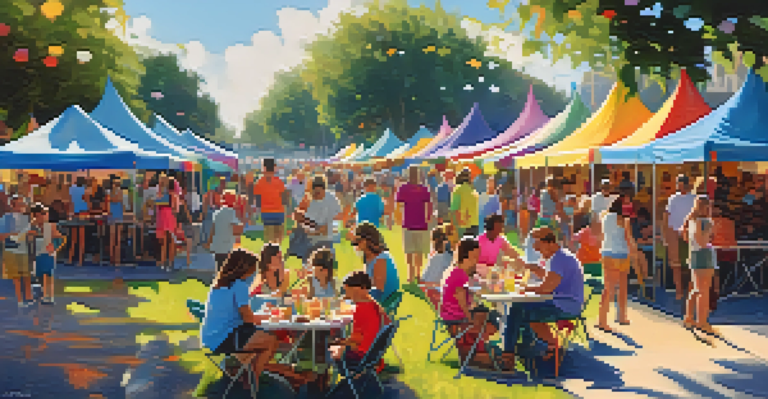 A colorful outdoor festival with tents, food stalls, and families enjoying activities in a park.