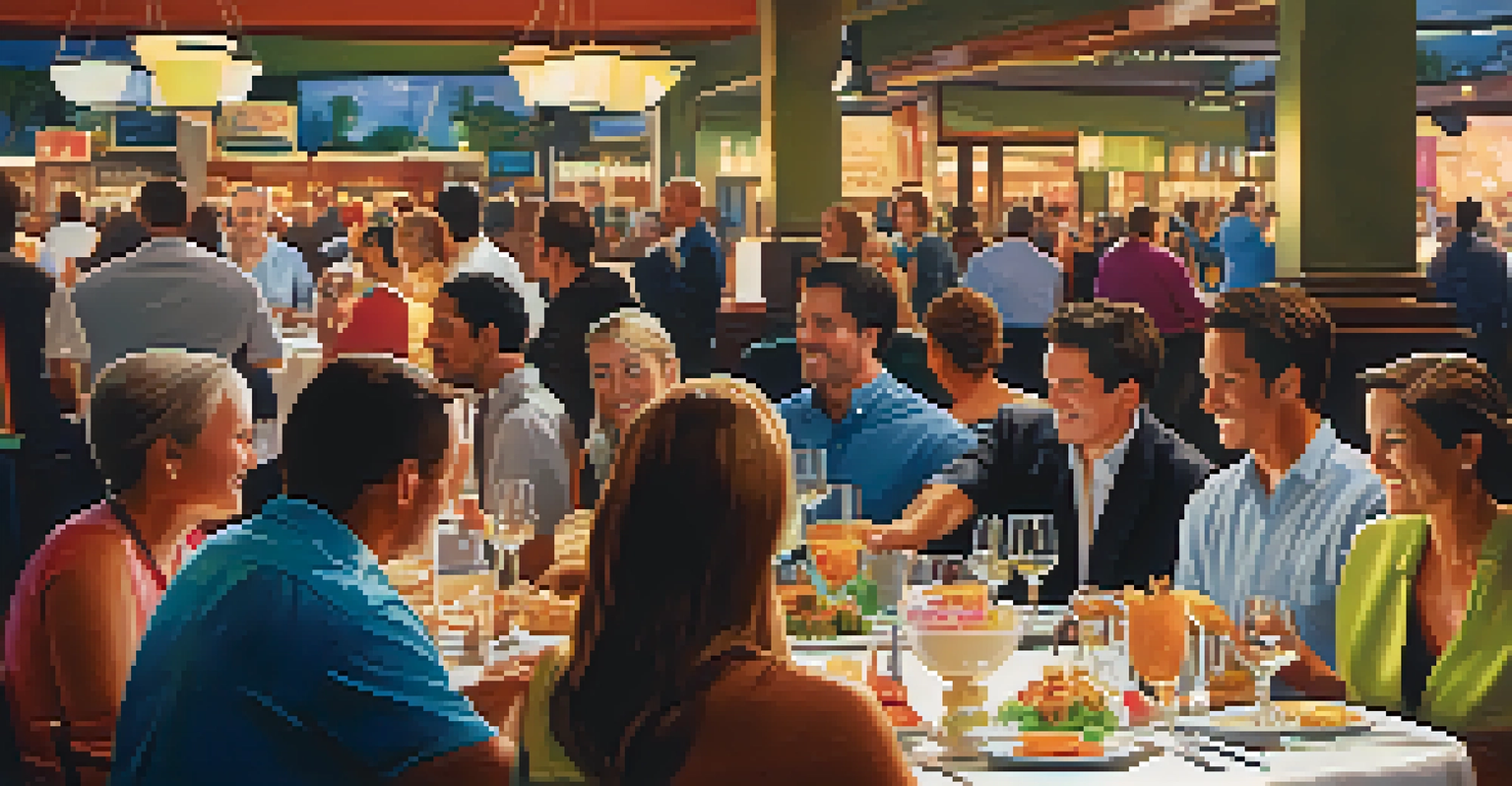 Inside a bustling restaurant in Orlando with trade show attendees enjoying their meals and networking.