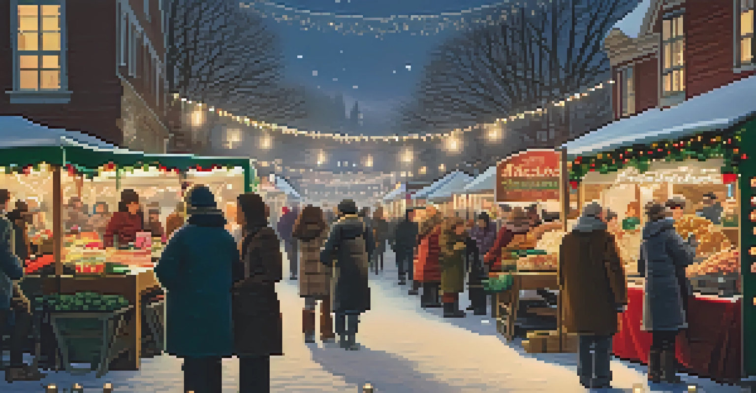 A festive winter market with glowing lights, handcrafted gifts, and visitors enjoying the holiday spirit.