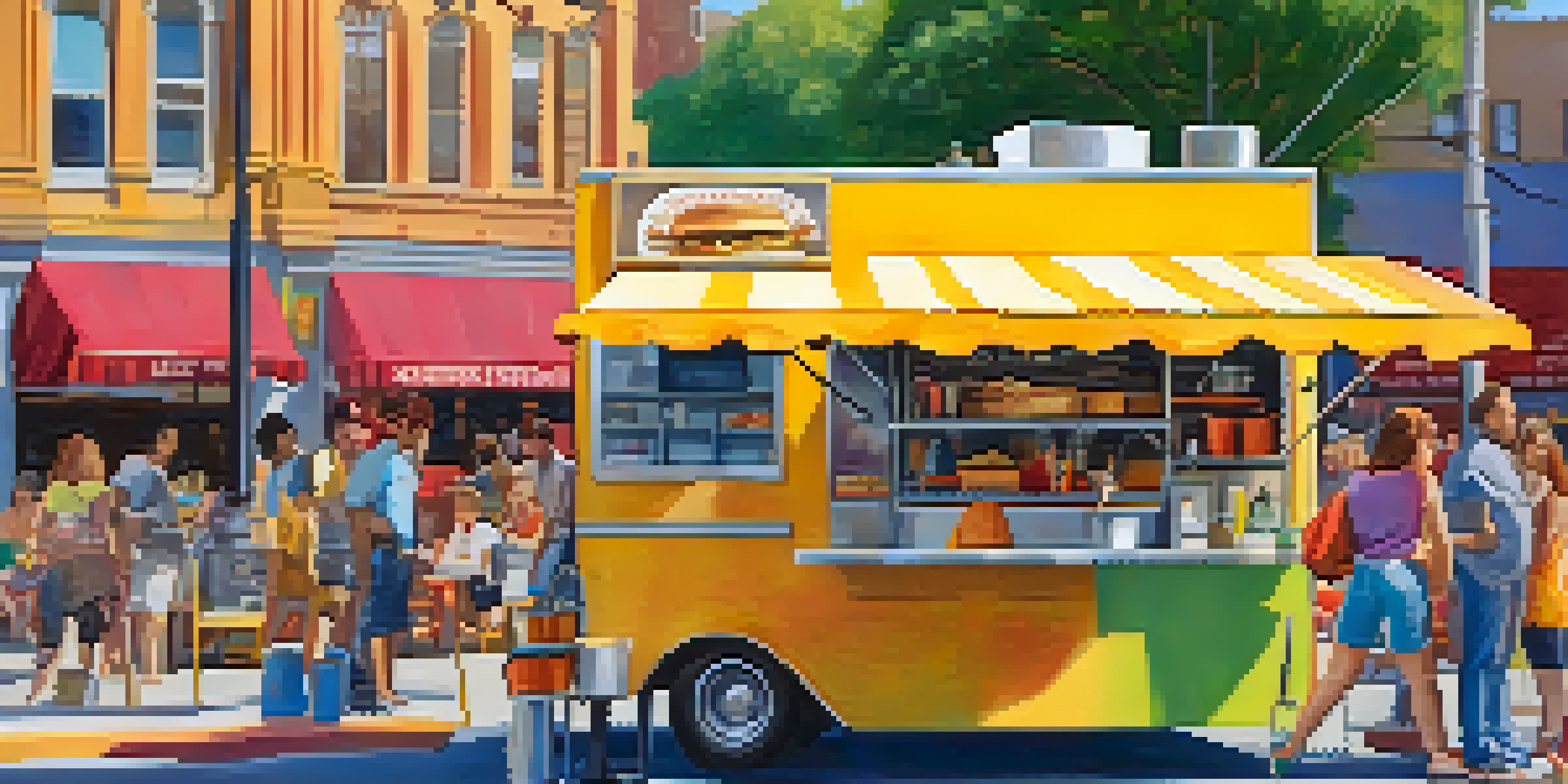 A colorful food truck named 'The Crooked Spoon' serving gourmet comfort food at a sunny street corner, with people enjoying their meals.