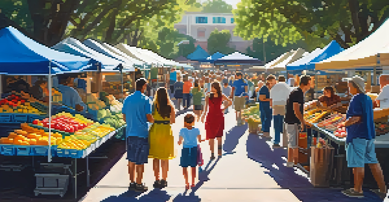 A bustling farmers market in Orlando with colorful stalls, families enjoying fresh produce, and a musician performing under the sunlight.