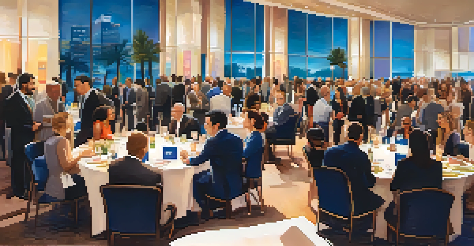 A networking event in the Orlando Convention Center with diverse professionals engaged in conversation and exchanging business cards.