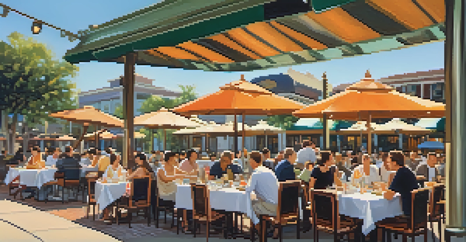 An outdoor dining area at a restaurant in Orlando with diners enjoying colorful dishes and drinks under large umbrellas in warm sunlight.