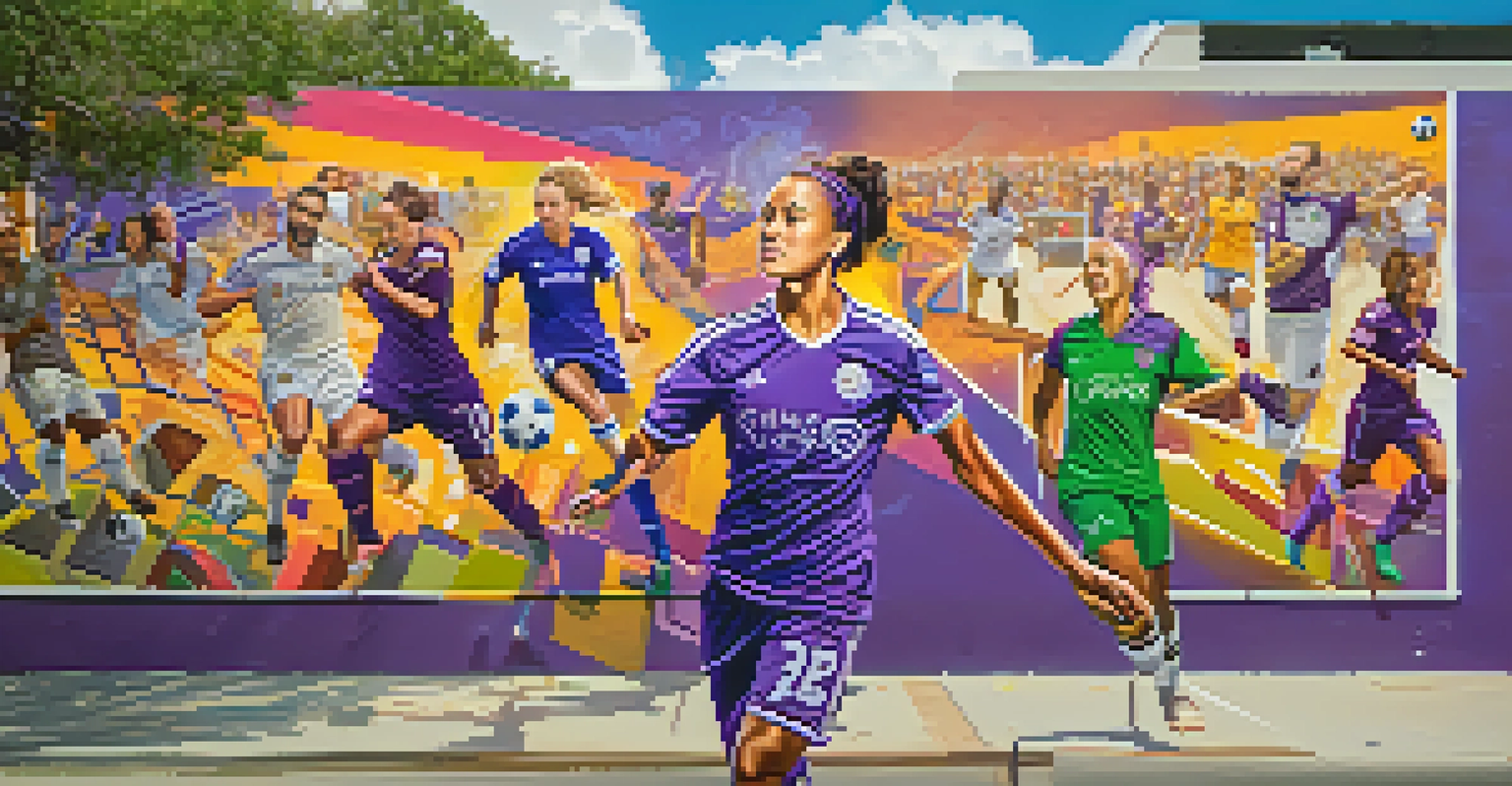 A colorful mural in downtown Orlando showcasing soccer players and community elements, representing the vibrant soccer culture of the city.
