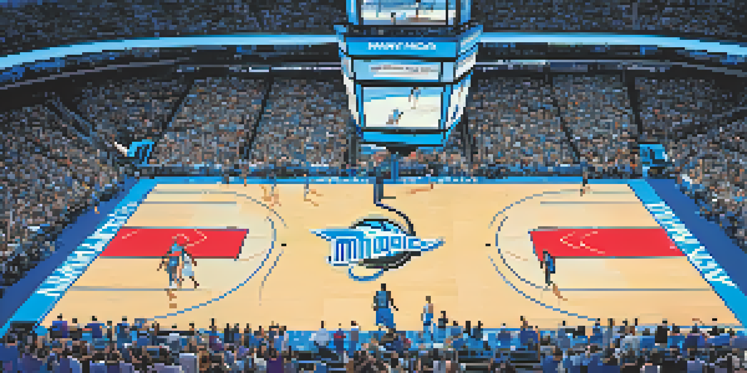 An Orlando Magic basketball game with players in action and excited fans in the stands, showcasing the team's colors.