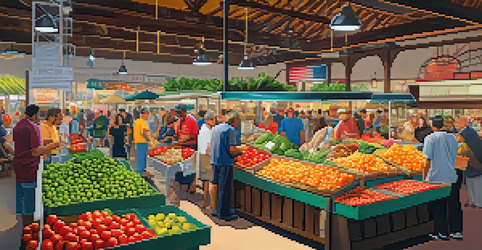 An indoor market scene with vendors selling fresh produce and artisanal goods, filled with people enjoying the atmosphere.