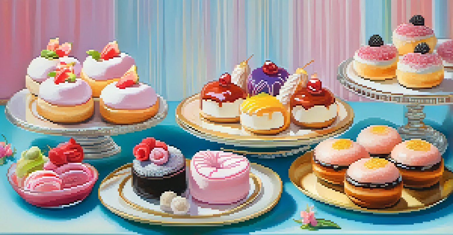 An artistic arrangement of diverse desserts including pastelitos and gourmet doughnuts on a beautifully decorated table.