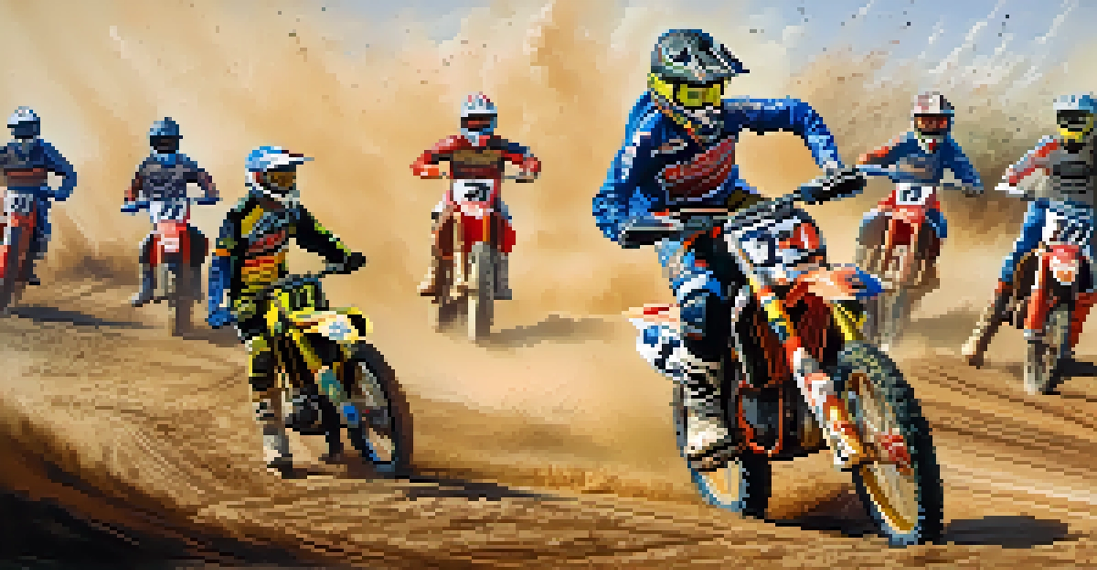 Motocross riders performing stunts on a dirt track with enthusiastic spectators in the background.