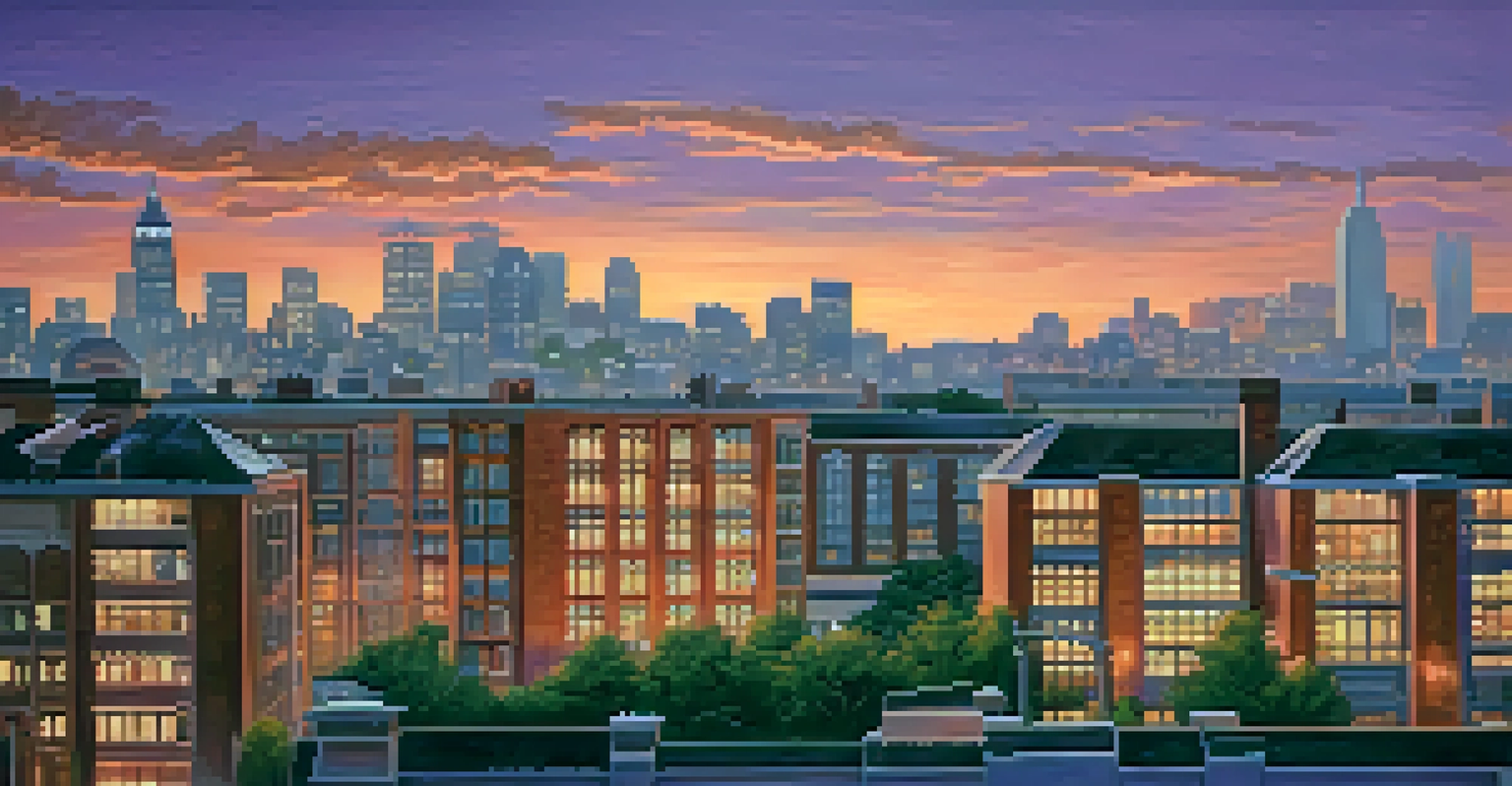 A city skyline at dusk featuring educational institutions and urban buildings under a colorful sky with glowing streetlights.