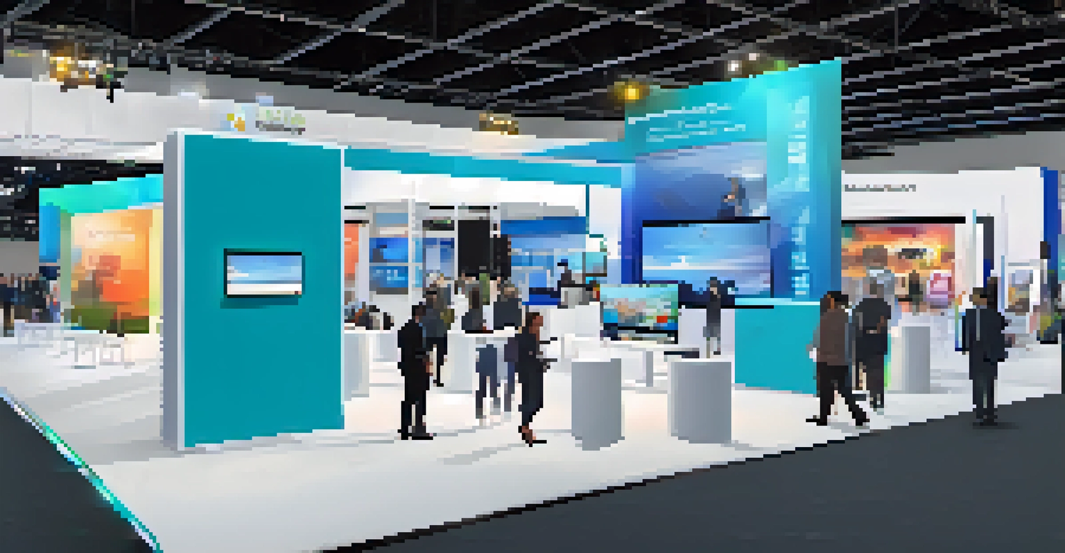 A hybrid trade show setup with in-person booths and digital screens for remote attendees.