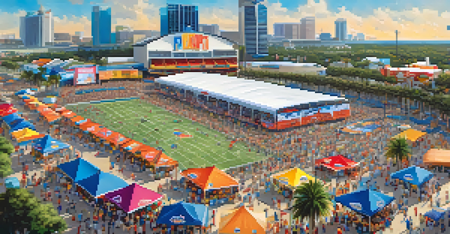 A busy street scene outside a stadium, filled with fans enjoying food stalls and merchandise during a sports event.