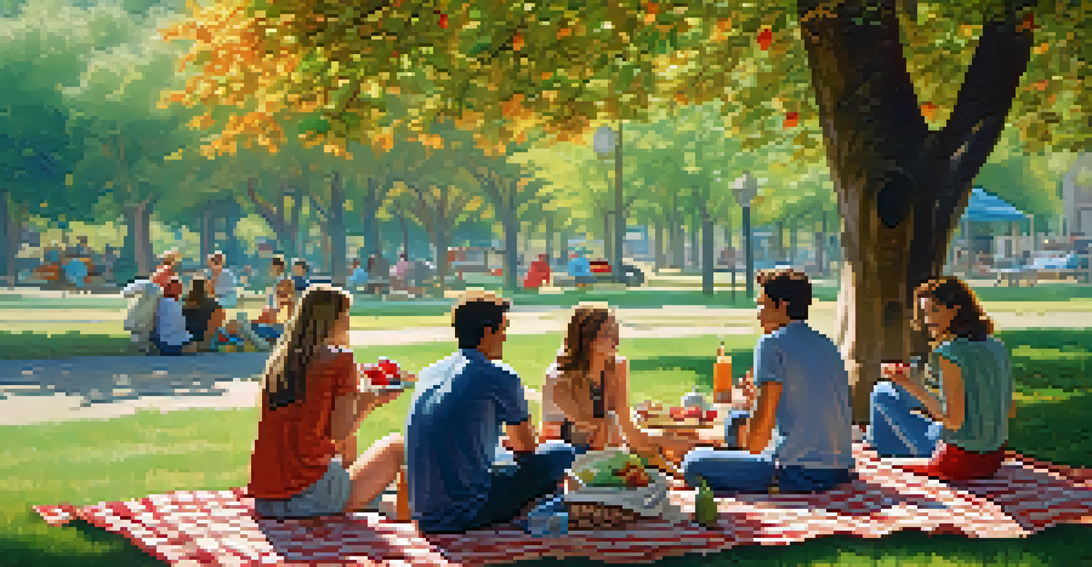 A group of friends having a picnic in a sunny park surrounded by trees.