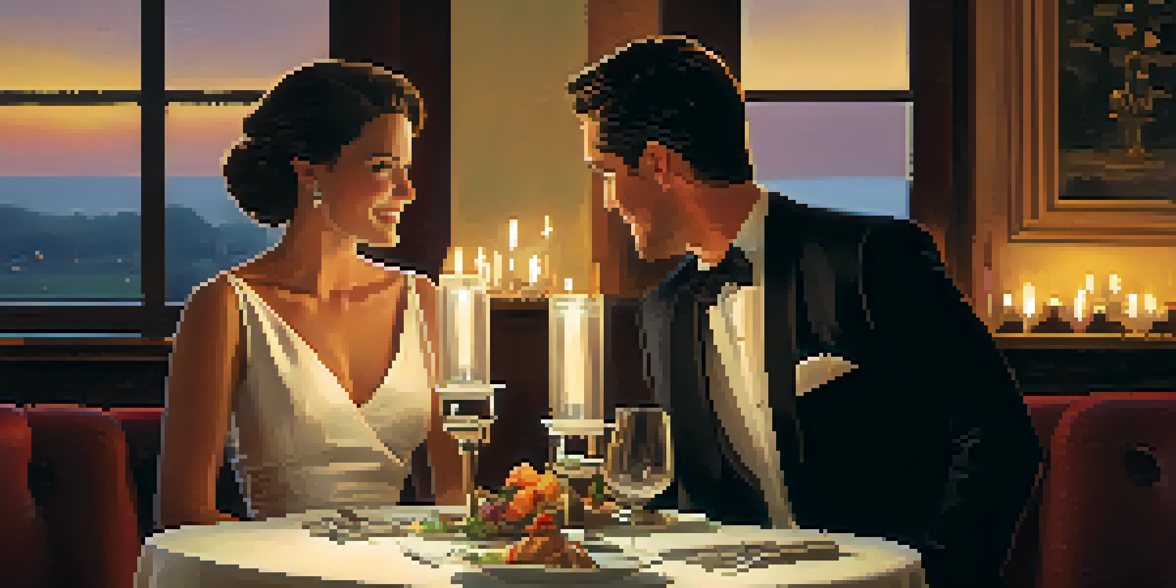 A couple dining in an upscale restaurant, surrounded by candlelight and a warm ambiance.