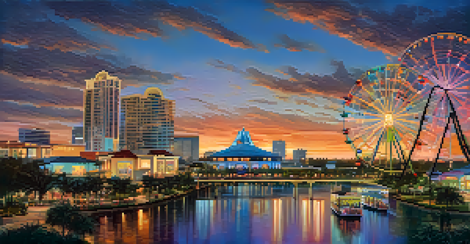 The Wheel at ICON Park with families enjoying the ride, overlooking the Orlando skyline at sunset.