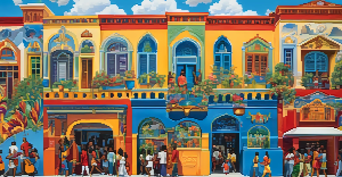 A colorful mural in Orlando showing diverse people participating in community activities with flowers and musical instruments.