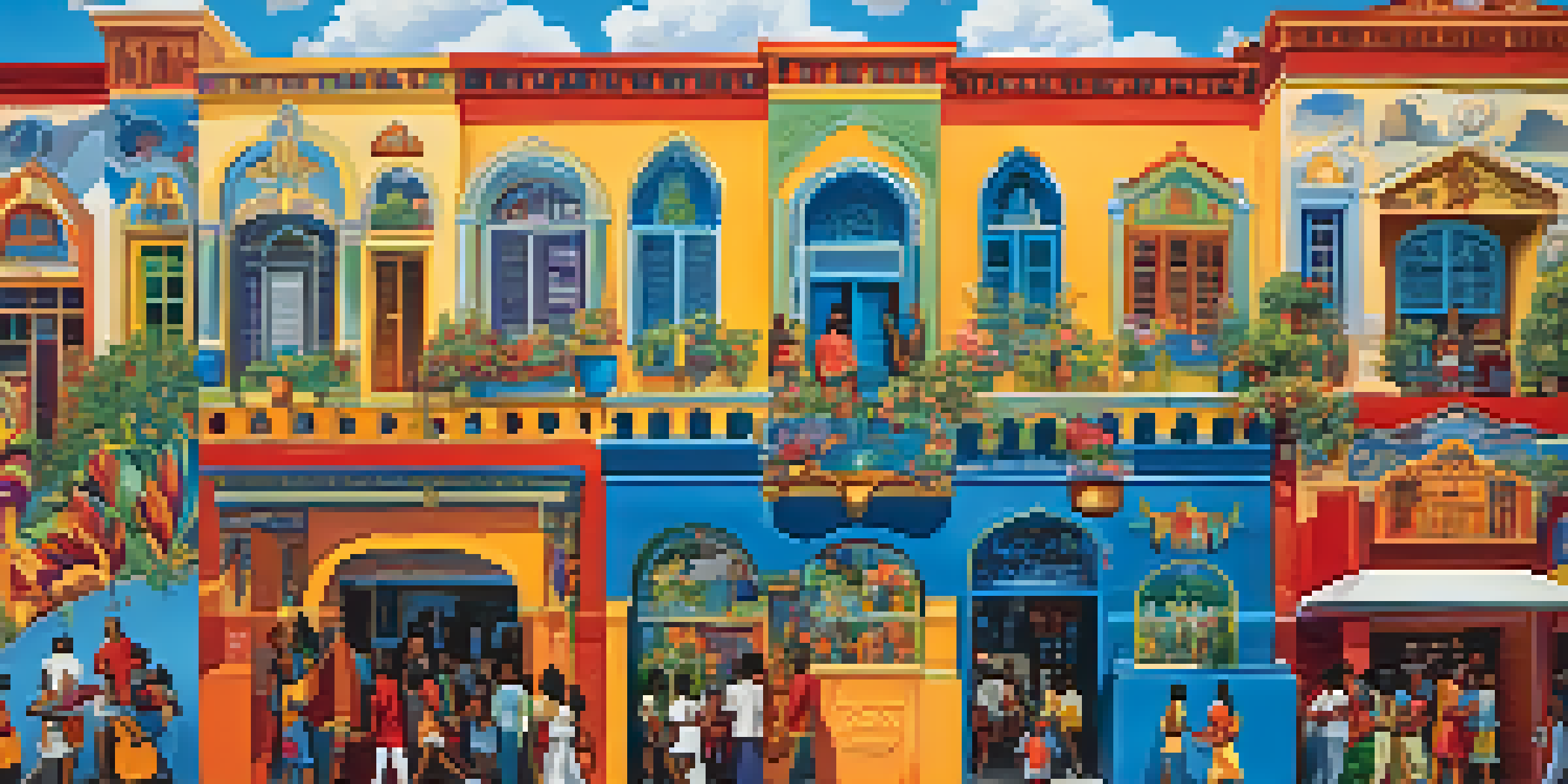 A colorful mural in Orlando showing diverse people participating in community activities with flowers and musical instruments.