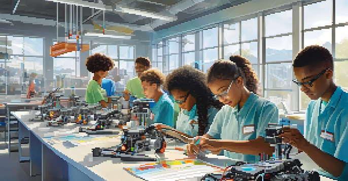 A diverse group of students collaborating on a robotics project in a modern laboratory filled with high-tech equipment.