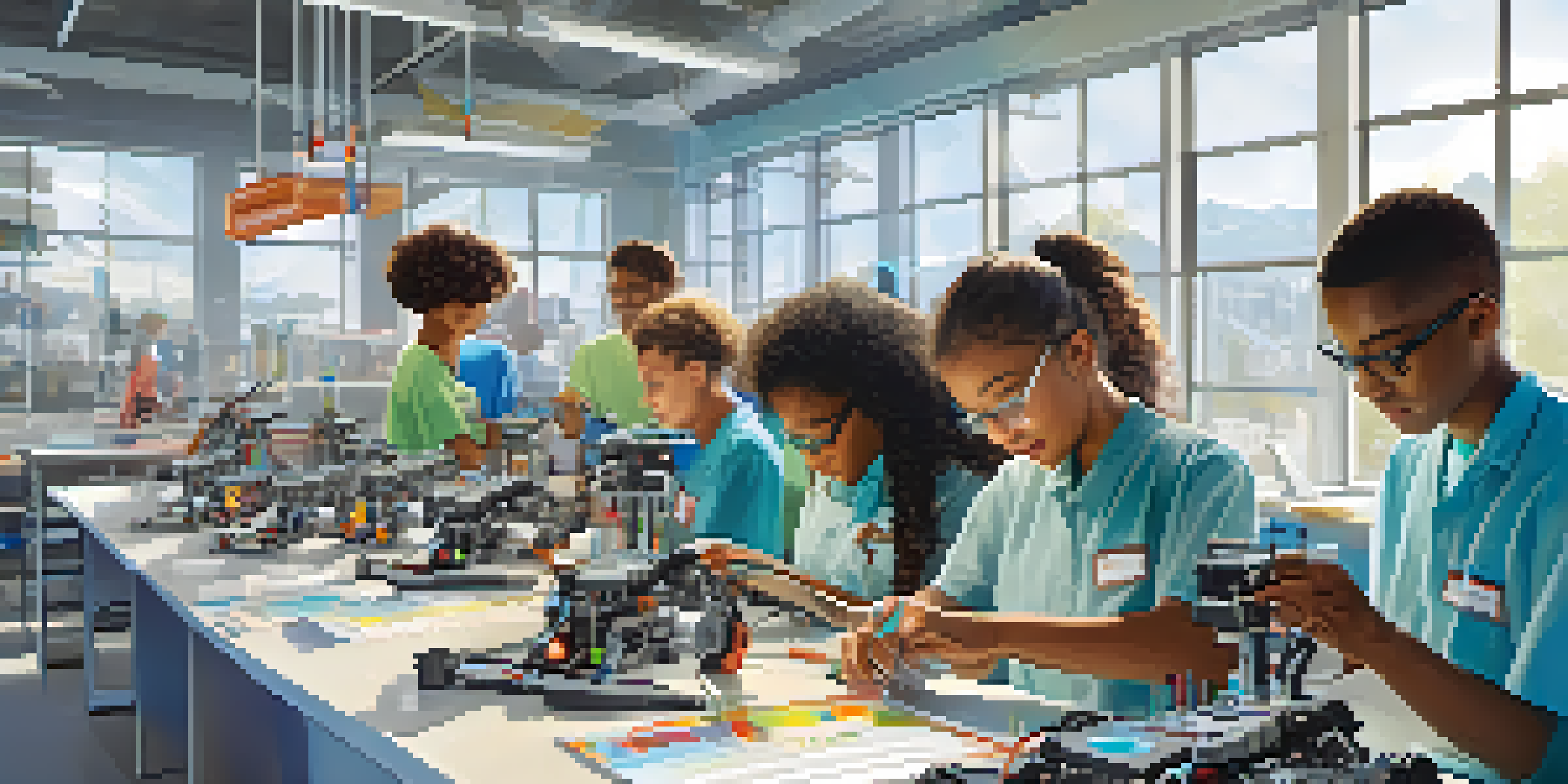 A diverse group of students collaborating on a robotics project in a modern laboratory filled with high-tech equipment.