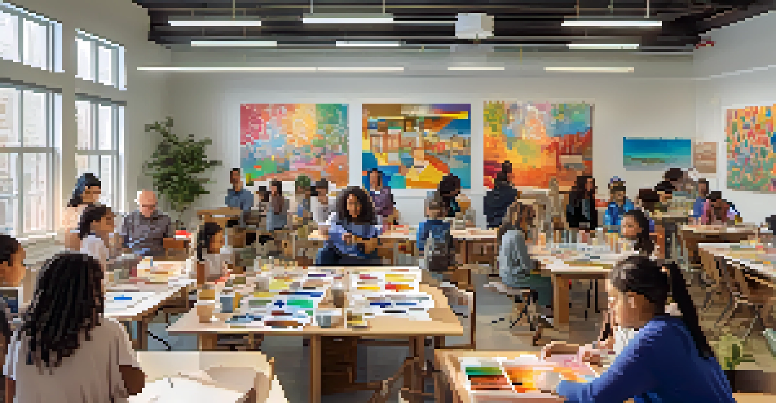 A community workshop in a colorful educational space with diverse participants working on art projects under natural light.