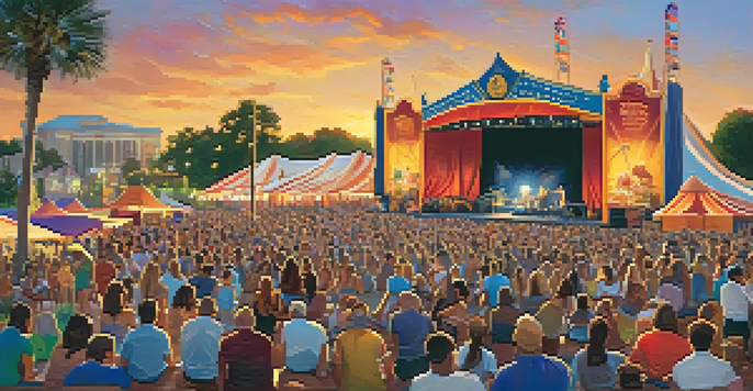 A lively outdoor theater festival in Orlando with a diverse crowd enjoying performances, colorful tents, and a warm sunset backdrop.