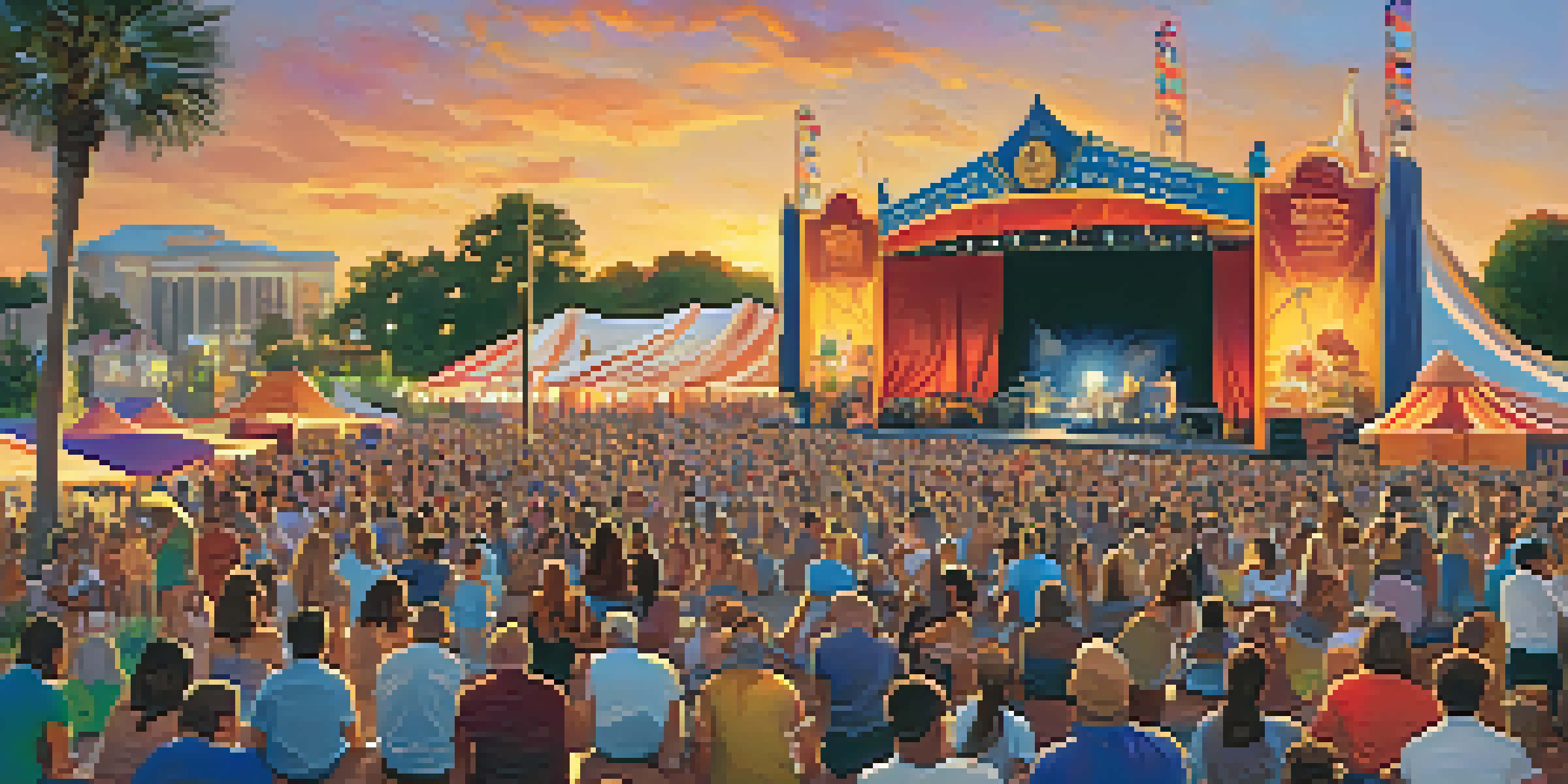 A lively outdoor theater festival in Orlando with a diverse crowd enjoying performances, colorful tents, and a warm sunset backdrop.