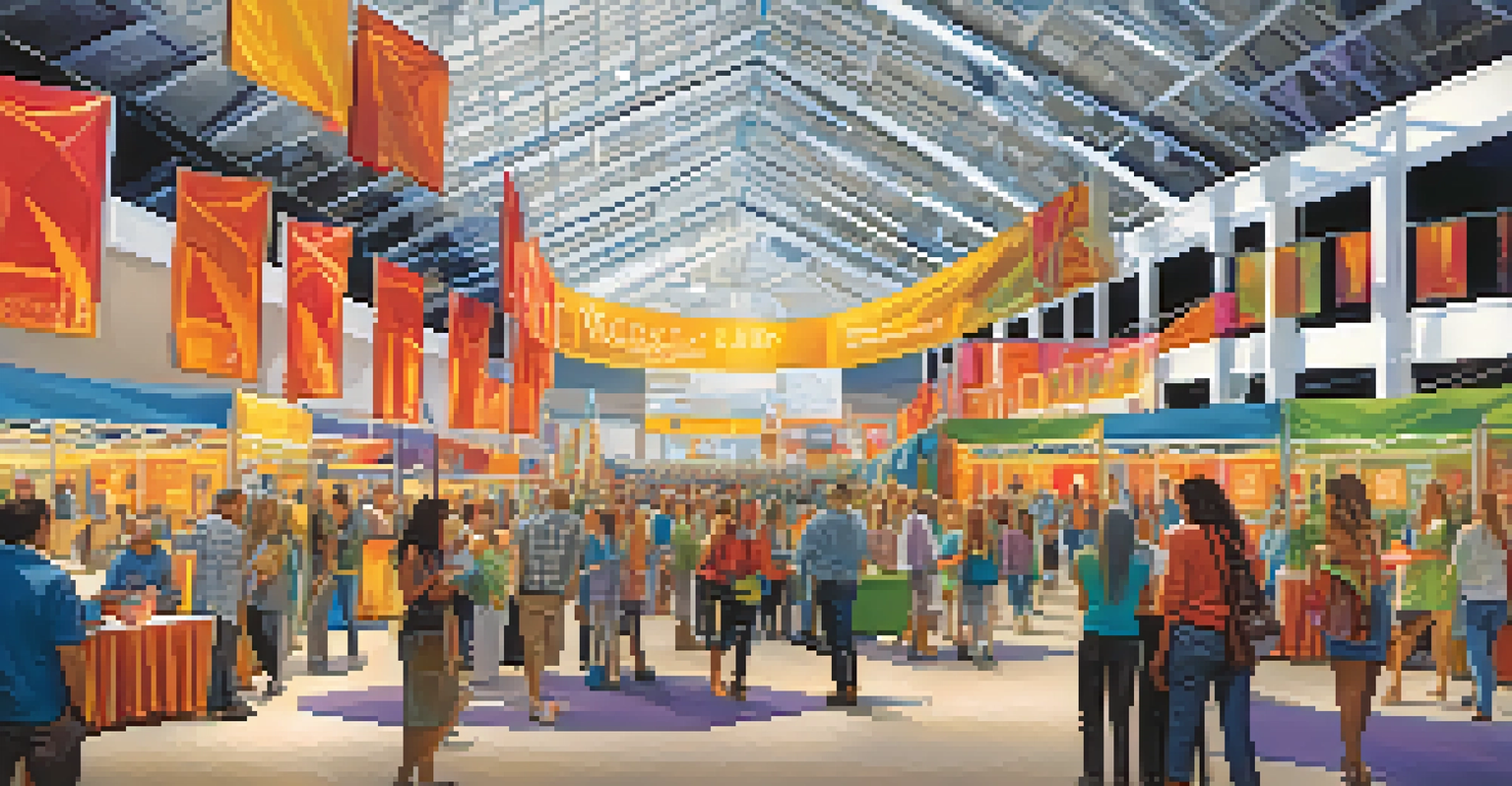 A busy trade show convention center in Orlando filled with attendees, colorful booths, and banners, showcasing a vibrant and energetic atmosphere.