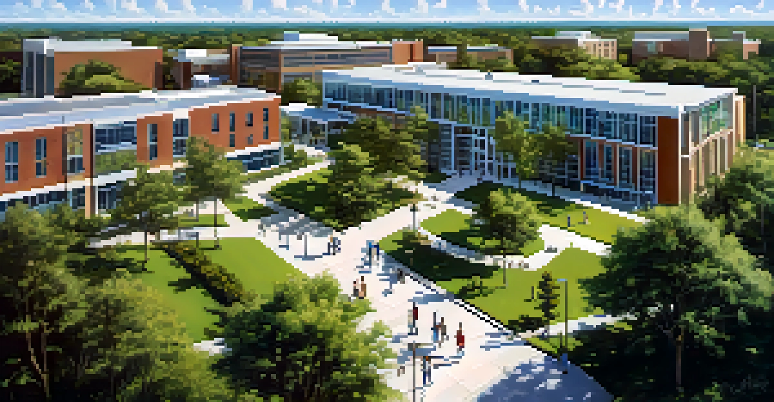Aerial view of the University of Central Florida campus with students walking and modern buildings surrounded by greenery.