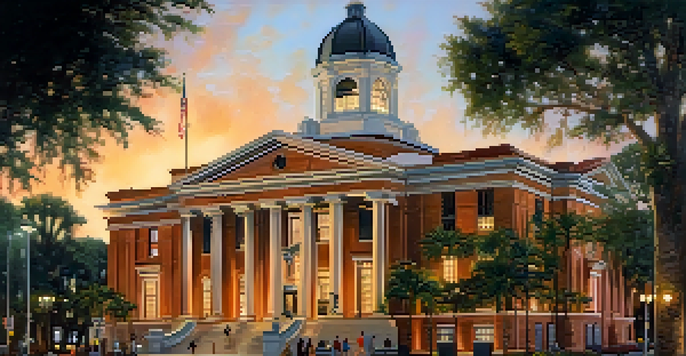 A sunset view of the Orange County Courthouse in Downtown Orlando, showcasing its Classical Revival architecture surrounded by greenery and pedestrians.