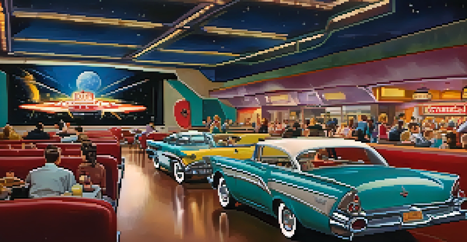 Families dining in vintage cars at the Sci-Fi Dine-In Theater, watching classic movie clips with comfort food served in a nostalgic setting.