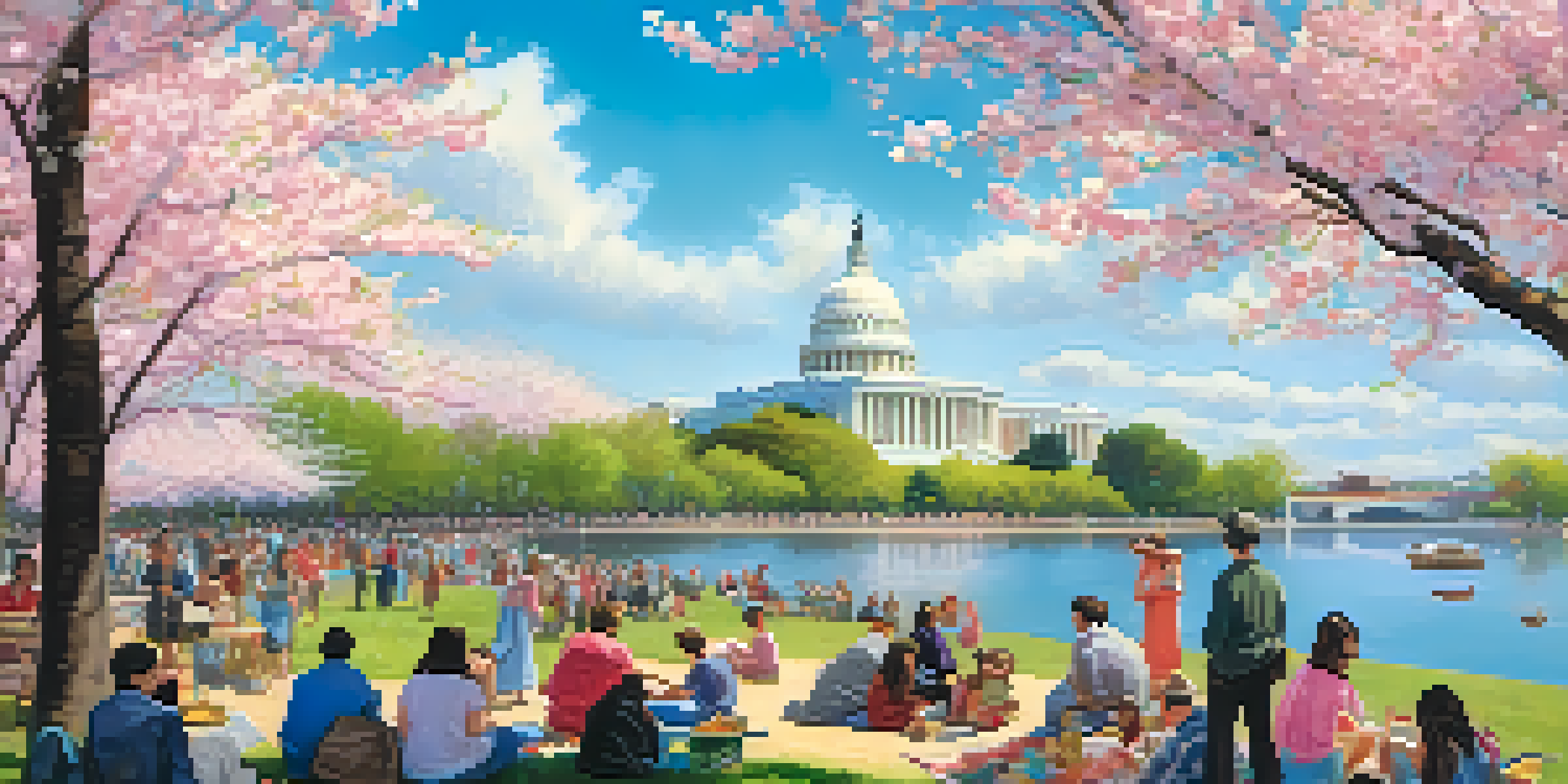 A lively spring festival with cherry blossoms, families picnicking, and cultural performances by the Tidal Basin in Washington, D.C.
