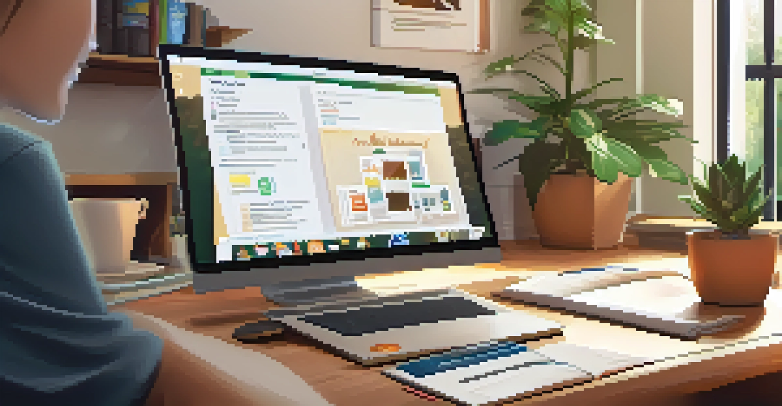 A cozy home office scene featuring a computer screen displaying an online learning platform with a student taking notes on a tablet, surrounded by plants and a cup of coffee.