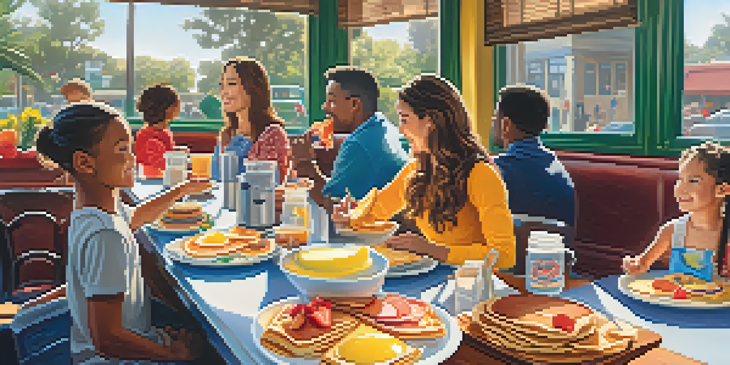 A busy brunch scene at a cafe with families enjoying colorful breakfast dishes like pancakes and omelets, illuminated by sunlight.