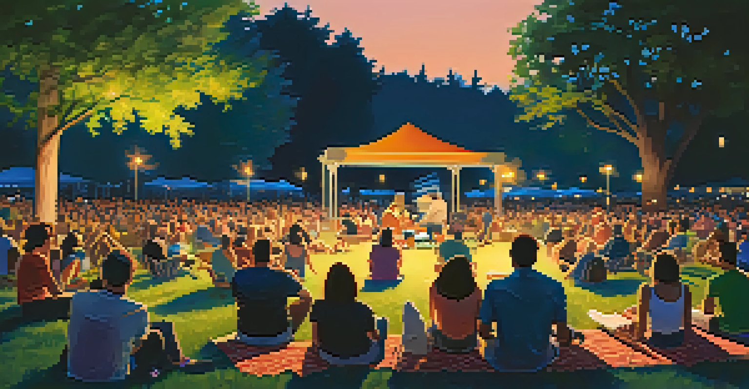 A summer concert scene in a park with a vibrant crowd enjoying live music under a twilight sky.