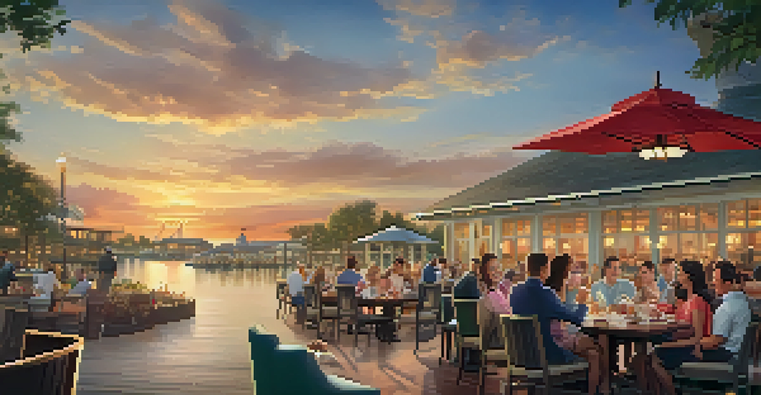 A scenic dining setting by the waterfront at sunset, with families enjoying seafood dishes at a restaurant.