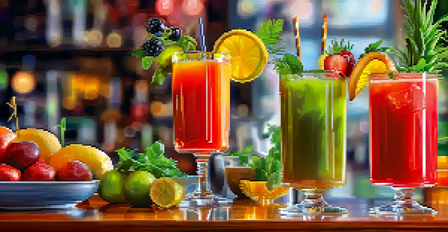 A close-up of three brunch cocktails: a Bloody Mary, Mimosa, and Bellini, beautifully garnished, with a lively brunch setting in the background.