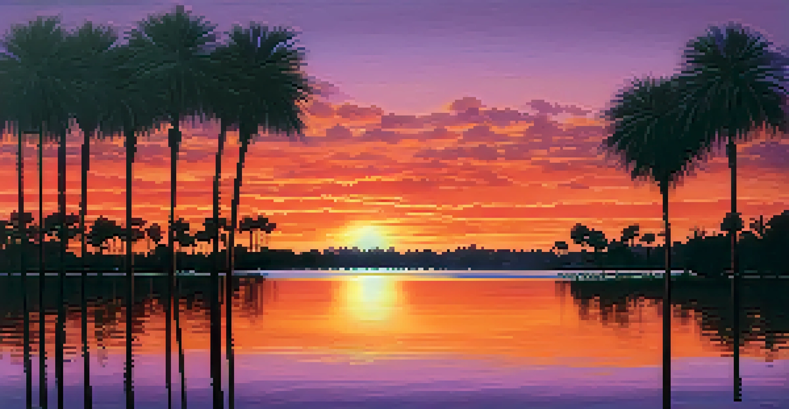 A sunset view over a lake in Orlando with palm tree silhouettes and vibrant colors reflecting on the water, creating a tranquil scene.