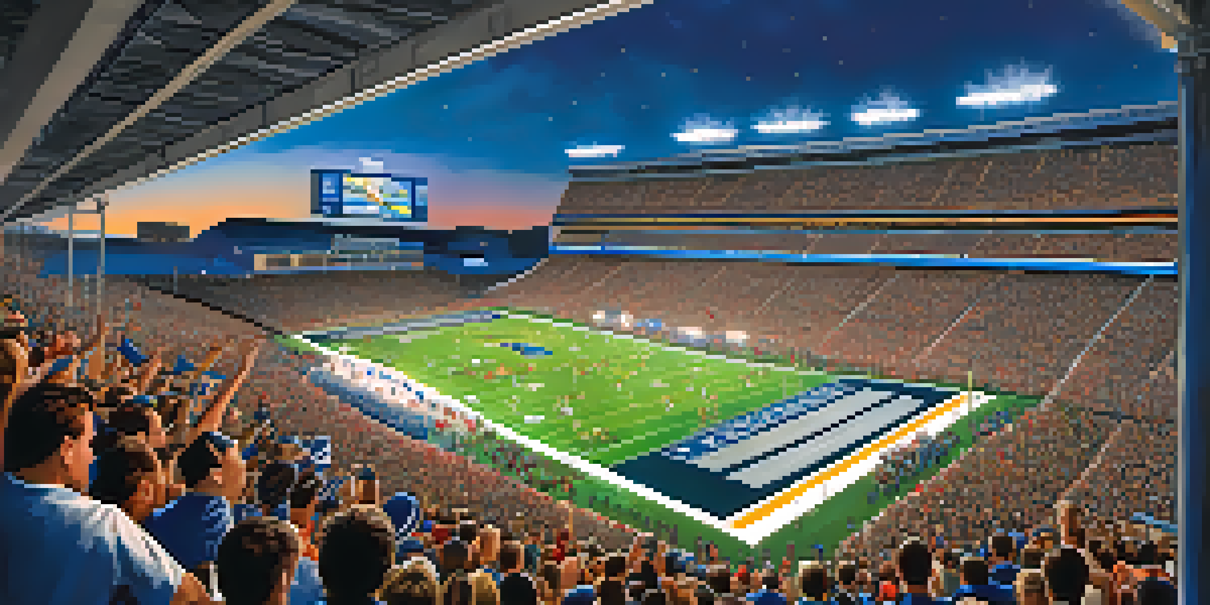 A lively college football game at Camping World Stadium, filled with cheering fans and bright stadium lights.