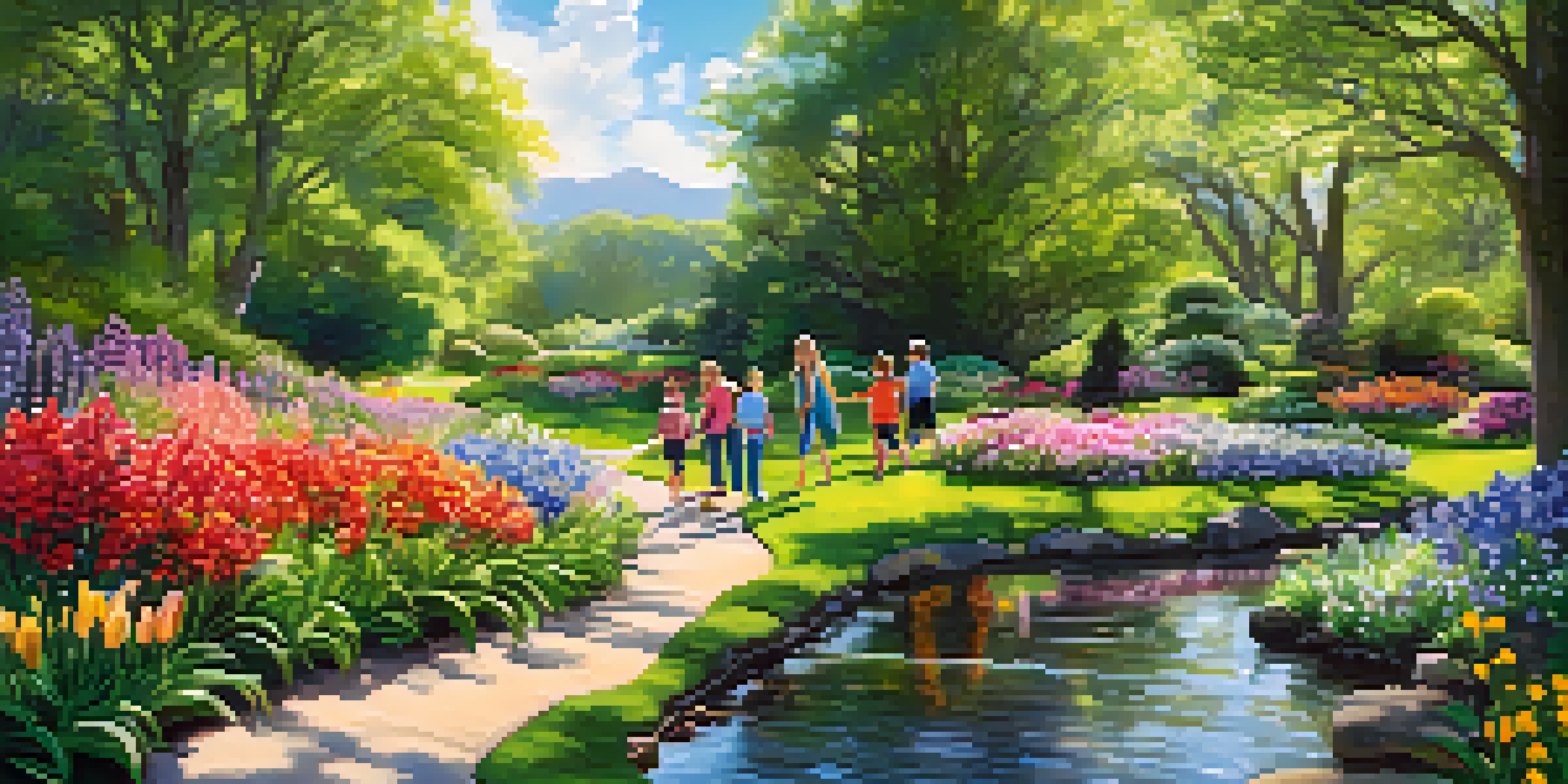 A family exploring a colorful botanical garden filled with blooming flowers under a bright sun.