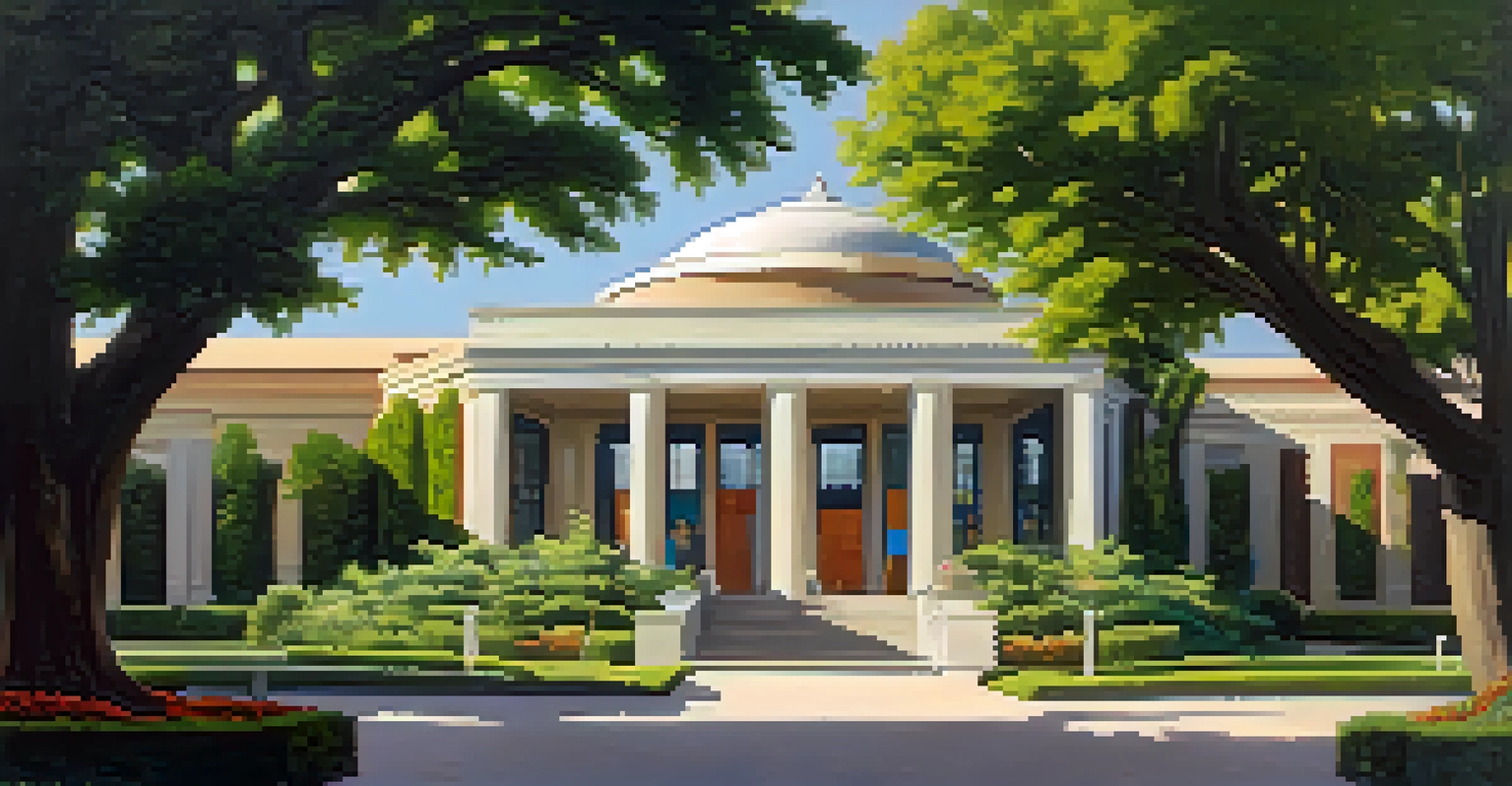 The exterior of a small art museum surrounded by greenery and art installations, illuminated by soft evening light.