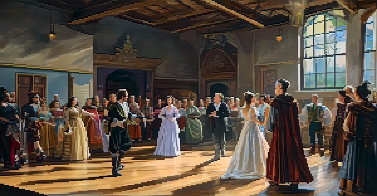 Actors rehearsing a classic play at the Orlando Shakespeare Theater, surrounded by props and costumes with natural light illuminating the space.
