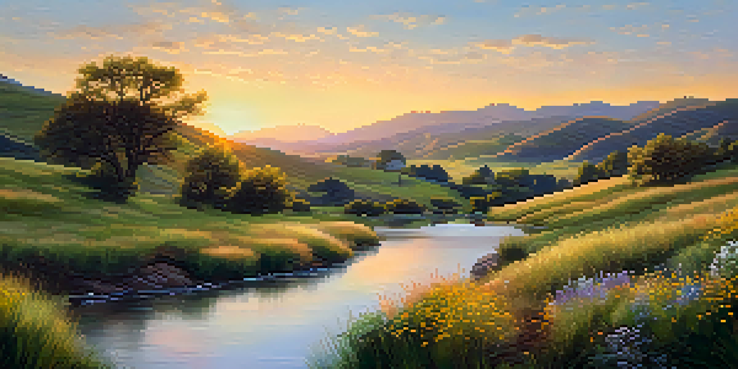 A peaceful sunrise over rolling hills with wildflowers and a gentle stream.