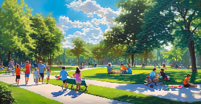 A sunny Orlando park filled with families having picnics, children playing frisbee, and people jogging, surrounded by lush greenery and a bright blue sky.