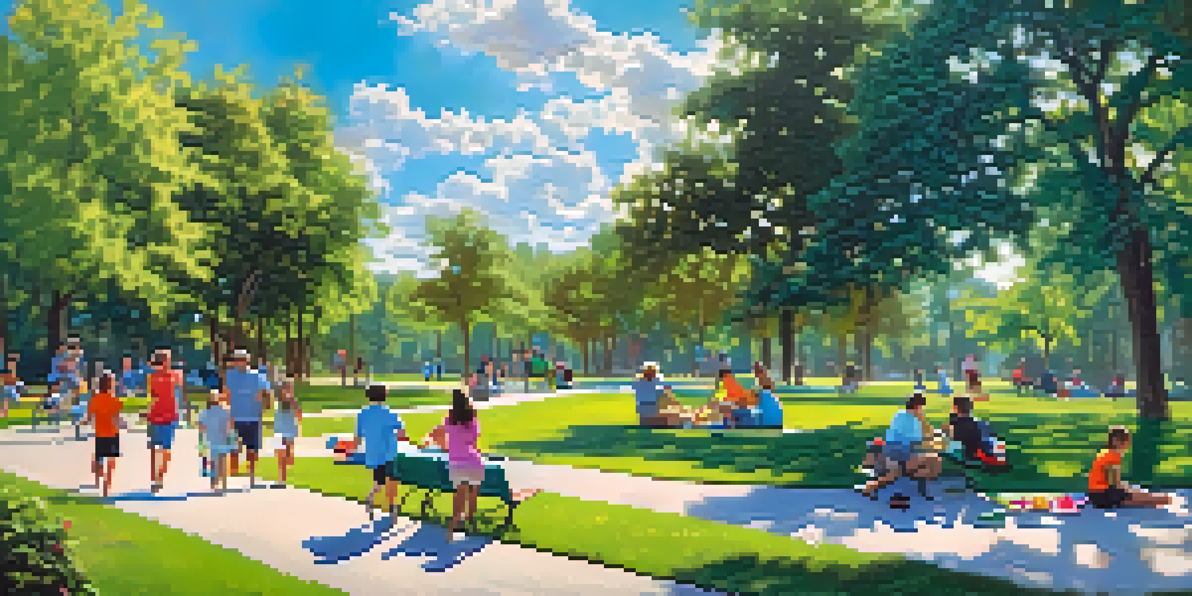 A sunny Orlando park filled with families having picnics, children playing frisbee, and people jogging, surrounded by lush greenery and a bright blue sky.