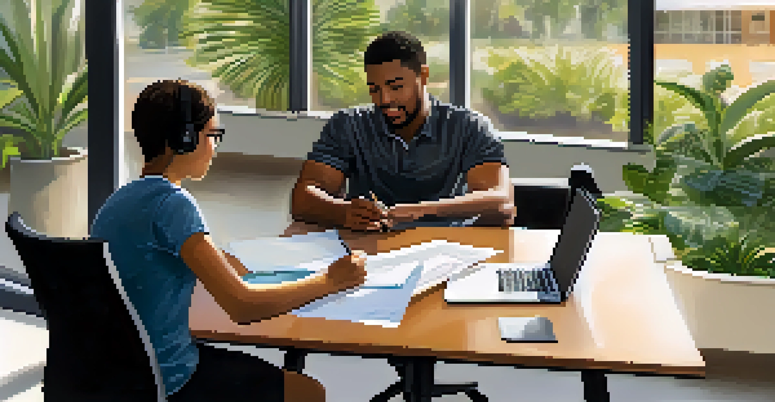 A mentorship session at UCF between a student and a local professional, discussing career development in a well-lit office.