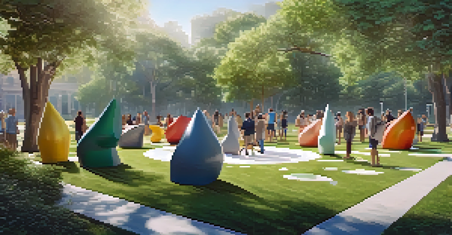 An outdoor sculpture installation made from recycled materials in a lush park setting with people enjoying the space.