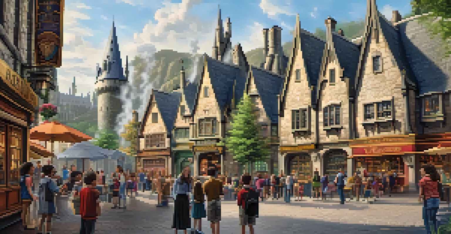 A family enjoying Butterbeer in Hogsmeade with Hogwarts Castle in the background, surrounded by whimsical shops.