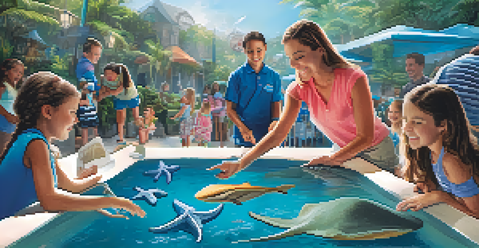 Visitors engaging with marine life in a touch pool, petting stingrays and starfish, with educational displays around.